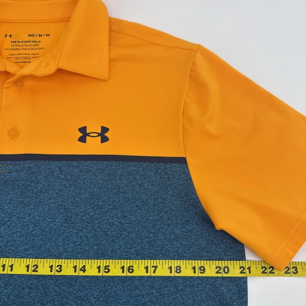 Under Armour Playoff Polo Men M Orange Blue Golf HeatGear Performance